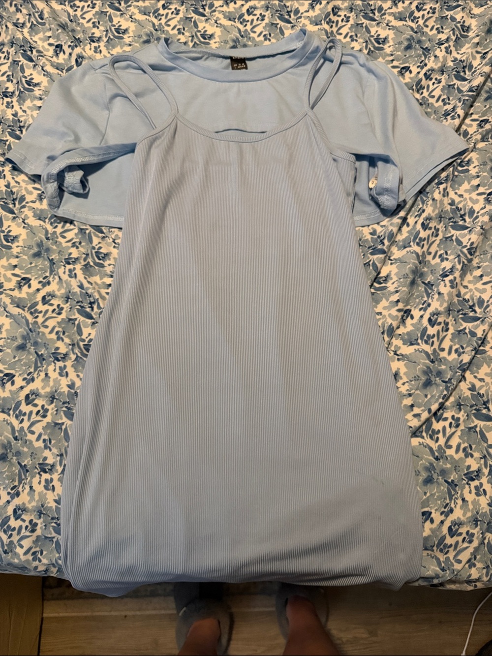 SHEIN Light Blue Ribbed Mini Dress with Spaghetti Straps